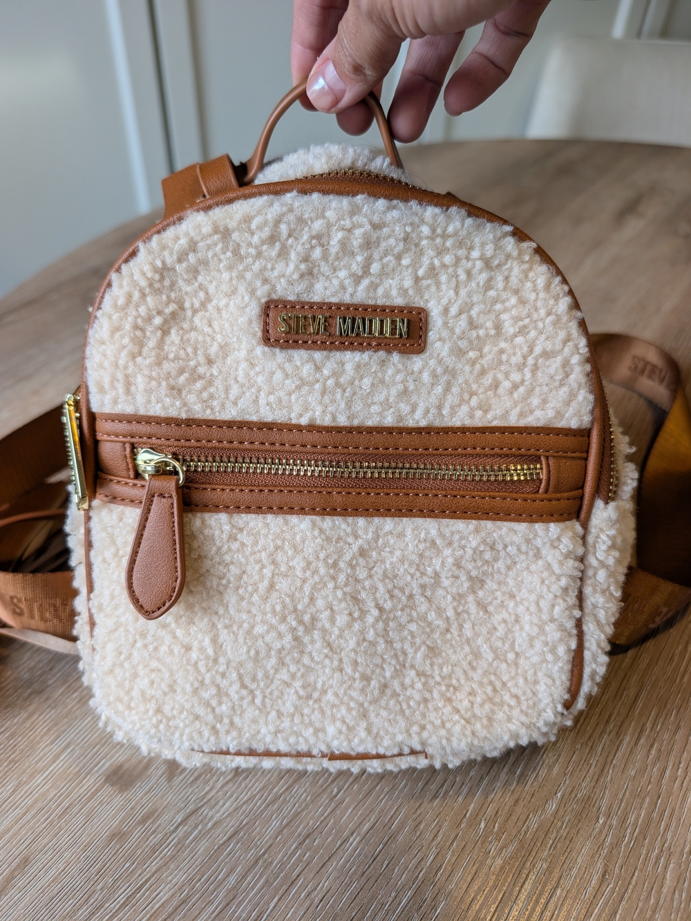 Steve Madden Cream Sherpa Mini Backpack with Tan Trim